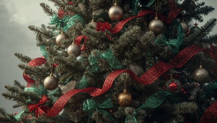 Showcasing evergreen tree in festive display, with ribbon bows, lights, red star, metallic baubles
