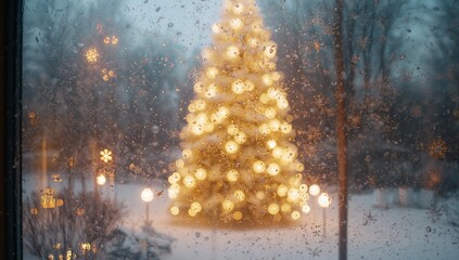 Showing frost-covered windowpane with snowflake decals and warmlit Christmas tree in snowy yard