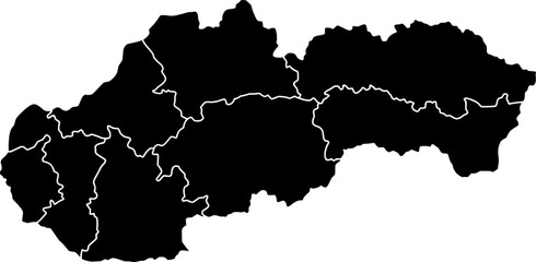 Black vector political map of Slovakia national outline with all 8 regions (kraje) internal boundaries, filled with a solid black color, presented as a map of the Central European country.