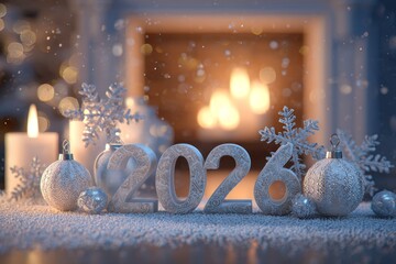 Glittering silver 2026 numbers on a festive windowsill beside candles and a Christmas tree, glowing warmly in soft light with delicate snowflakes outside in selective focus