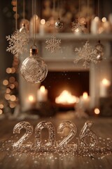 Glass 2026 numbers shine by a cozy fireplace surrounded by Christmas toys, candles, and festive decorations glowing warmly in selective focus