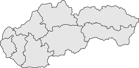 Obraz premium Grey vector political map of Slovakia national outline with all 8 regions (kraje) internal boundaries, filled with a solid grey color, presented as a map of the Central European country.