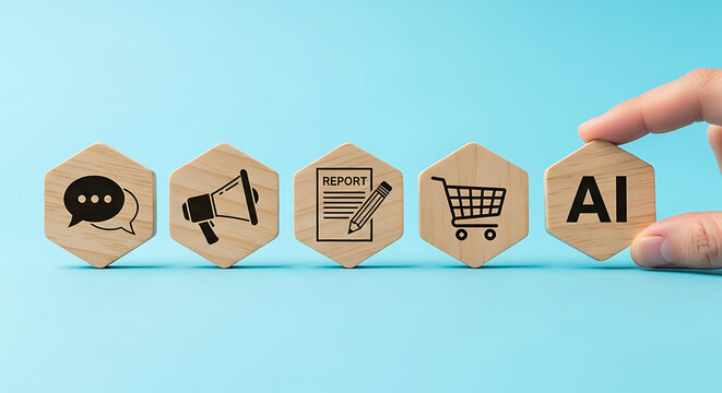 Marketing and ecommerce icons with AI on wooden hex blocks