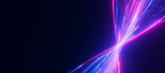 Closeup of bigdata light speed twisted flow. Abstract digital data stream of quantum computing. Cyberspace of qubit trail waves. Modern tech information transmission.