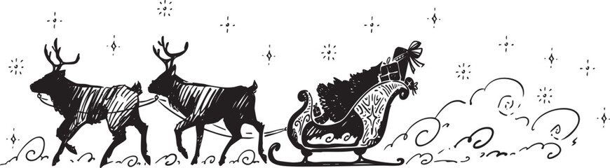 A Festively Decorated Sleigh Pulled by Reindeer Set Against a Charming Winter Scene