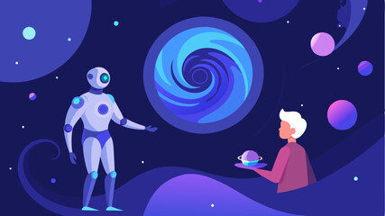 An AI assistant visualized as an ethereal entity providing guidance to a user as they navigate through a swirling galaxy of information.