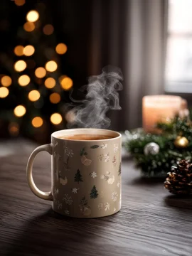 Hot drink in festive mug surrounded by Christmas decorations