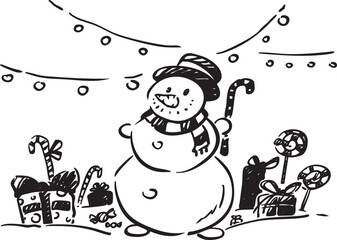 A cheerful snowman surrounded by a collection of Christmas gifts and colorful candies