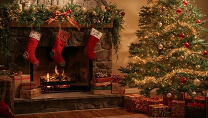 Standing Christmas tree with decorations beside stone fireplace, with stockings, gifts, copy space