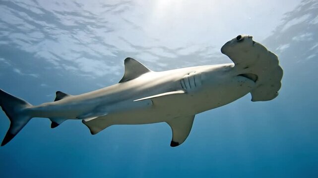 Hammerhead shark swimming gracefully in the deep blue ocean, surrounded by rays of light filtering through the water, marine wildlife scene showing power and elegance.12