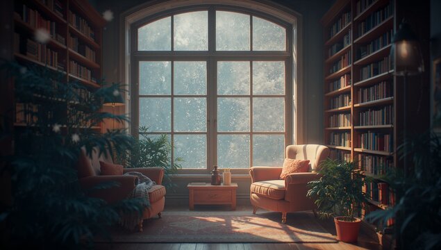 Showing cozy nook with two armchairs by coffee table in library with arched window showing snow - Powered by Adobe