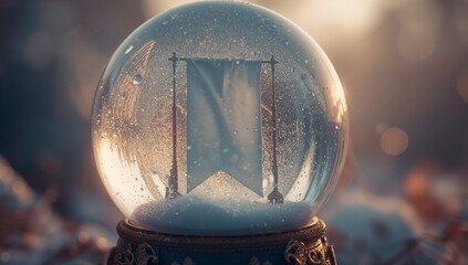 Resting glass snow globe hanging blank banner between poles on metal base inside room with droplets