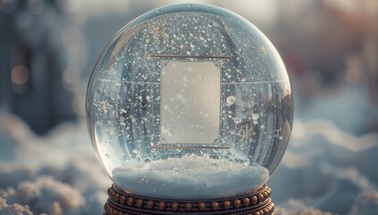 Resting glass snow globe holding blank parchment inside metallic base with fake snowflakes on snow
