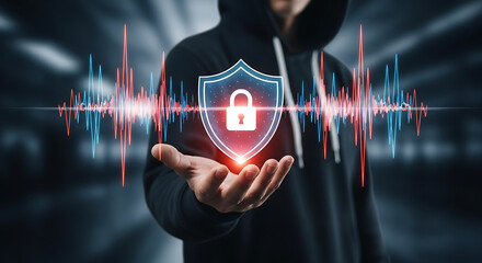 Cybersecurity shield with lock and pulse waves above hand, network protection and privacy