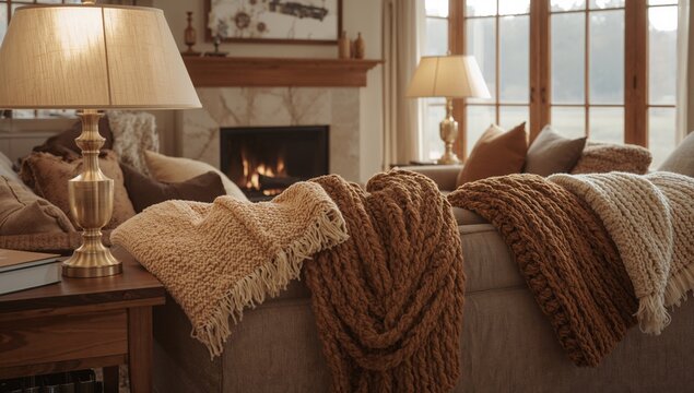 Showcasing beige sofa draped with chunky knit throw blankets in living room, marble fireplace