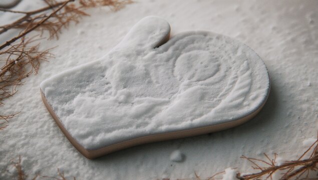 Resting powdered-sugar-dusted mitten-shaped sugar cookie on tabletop, featuring dried pine twigs