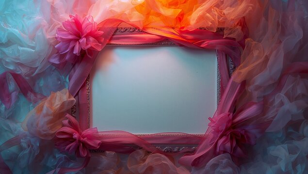 Lying ornate rectangular pink picture frame flat on studio table, with tulle layers and ribbon bows - Powered by Adobe