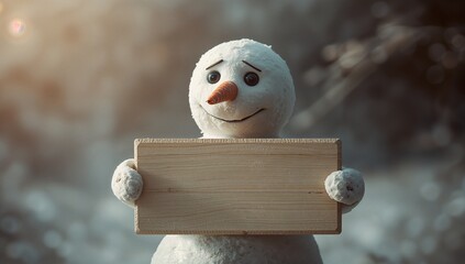 Snowman holding blank wooden sign in snowy forest clearing, with carrot nose and button eyes