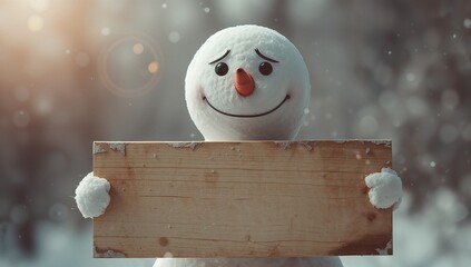 Standing snowman holding wooden sign in snowy forest clearing, with carrot nose and wood grain