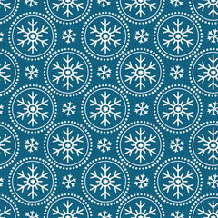 Christmas Seamless Pattern with Snowflakes in Dotted Circles on Blue