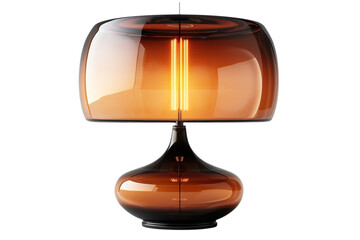 Modern table lamp with a brown glass shade and a glowing filament bulb on transparent background
