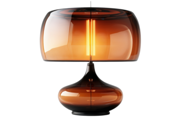 Modern table lamp with a brown glass shade and a glowing filament bulb on transparent background