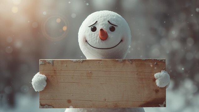 Standing snowman holding wooden sign in snowy forest clearing, with carrot nose and wood grain