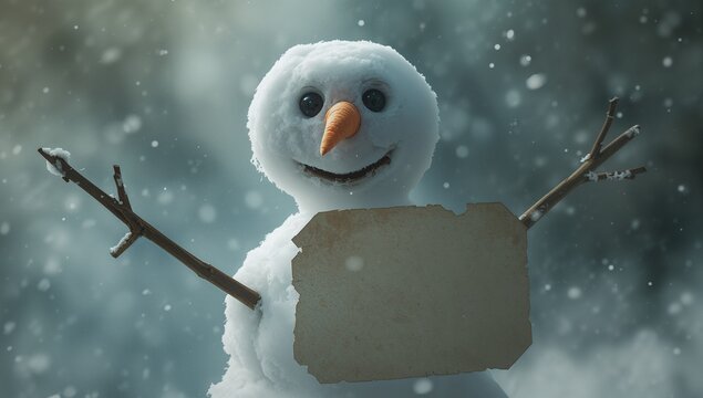 Standing snowman holding blank parchment sign in snow-covered woodland clearing, with twig arms