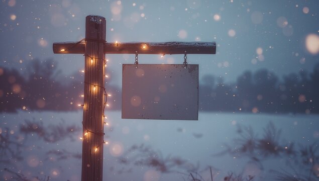 Standing wooden post wrapping string lights suspending sign by chains in snowy field at dusk - Powered by Adobe