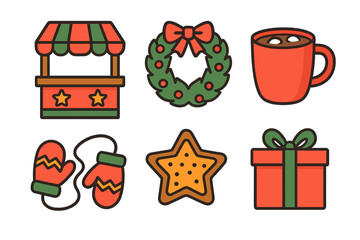 Festive winter holiday market items including wreath, hot cocoa, mittens, and gift box