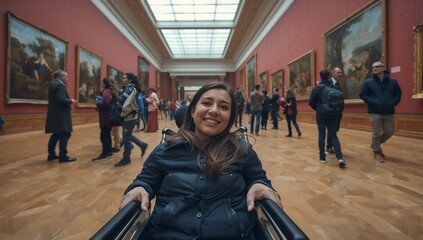 Smiling Hispanic woman rolling wheelchair through museum gallery hall, with gold-framed paintings