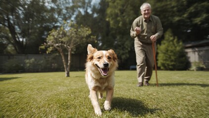 Running tan-and-white dog chasing thrown ball in private backyard with senior man holding cane