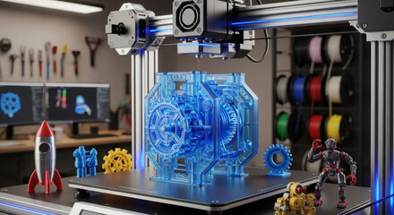 A three d printer creating a blue gear box in a workshop setting