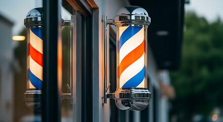 Barber shop pole illuminated at dusk offers traditional service. Reflective glass