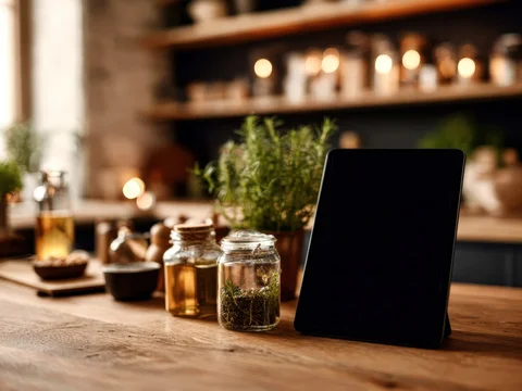 Modern tablet display with food ingredients lifestyle setup