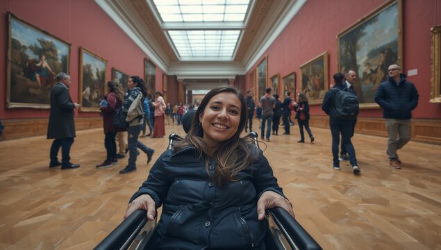 Smiling Hispanic woman rolling wheelchair through museum gallery hall, with gold-framed paintings