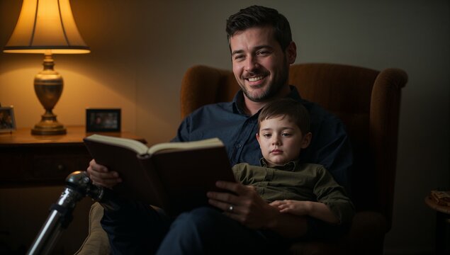 Smiling father reading book with boy in wingback armchair in cozy room, prosthetic leg support - Powered by Adobe