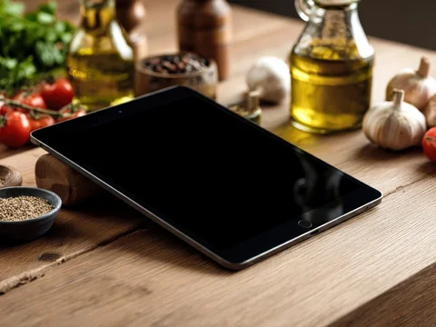 Digital tablet in cozy kitchen scene with cooking items