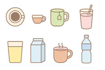 Obraz premium Collection of common beverages including hot coffee, herbal tea, fresh milk, juice, and bottled water