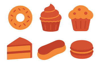 Stylized collection of six baked goods and sweet desserts: donut, cupcake, cake, eclair, and macaron