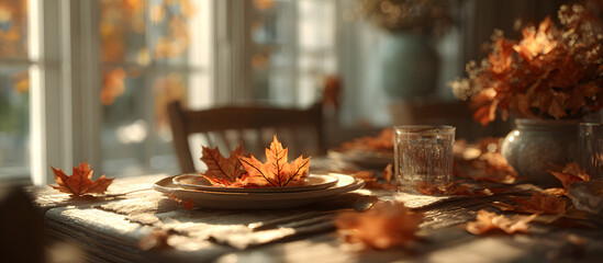 Thanksgiving background scene with red maple leaves on table with sunlight. Autumn home decor for fall season, thanksgiving and holiday product display showroom.