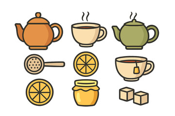 Set of tea time essentials including teapots, cups, lemon, honey, and sugar cubes