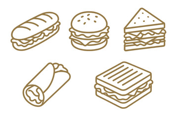 Outline collection of popular fast food sandwiches: burger, sub, wrap, and grilled panini