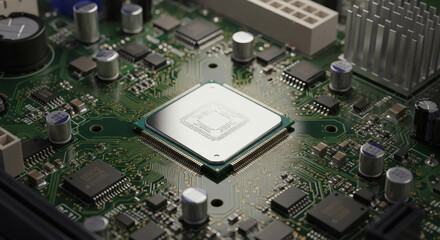 Fototapeta premium Close up shot of a cpu on a motherboard with various components visible