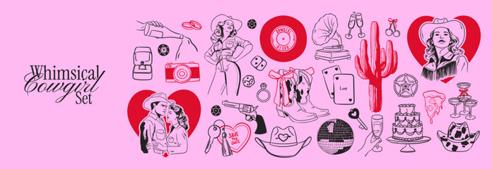 Retro cowboy and cowgirl doodle set. Whimsical valentines or wedding party. Hand drawn coquette cute rodeo element. Vintage western boot, hat, disco ball, cake, cocktail, card. Girly drawing sketch.