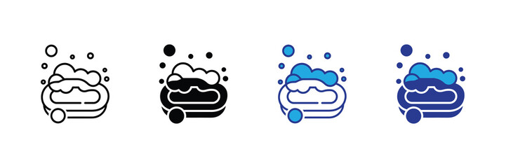 Set of four soap icons with foam and bubbles, isolated on white background
