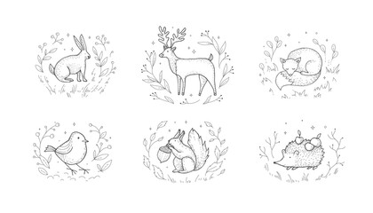 Autumn collection of cute farm and forest animals in botanical wreath with fall leaves. Cozy seasonal design elements