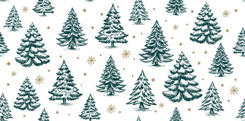 Obraz premium Christmas pattern with tree green on white, hand drawn illustrations 