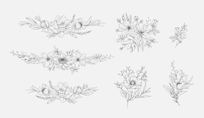 Botanic set of detailed various floral corner or border. Luxury vintage floral collection for wedding invitation, wallpaper art or save the date card. Botanical vector