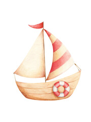 Cute watercolor and colored pencils boat illustration. Cartoon ship hand drawn isolated on transparent background. Water transport poster, clip art.